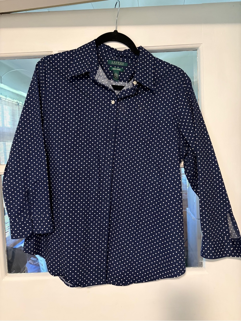 Lauren Ralph Lauren Navy and White Polka Dot non iron Button-Down Shirt
